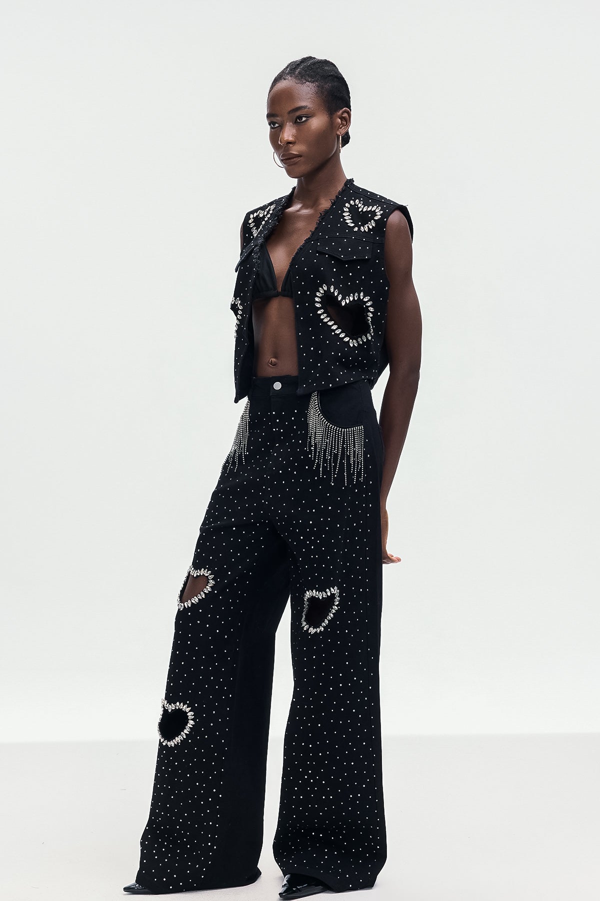 Shop  beautiful dress - Perfect for special occasions | Beat Rhinestone Cutout Love Denim Pants Set