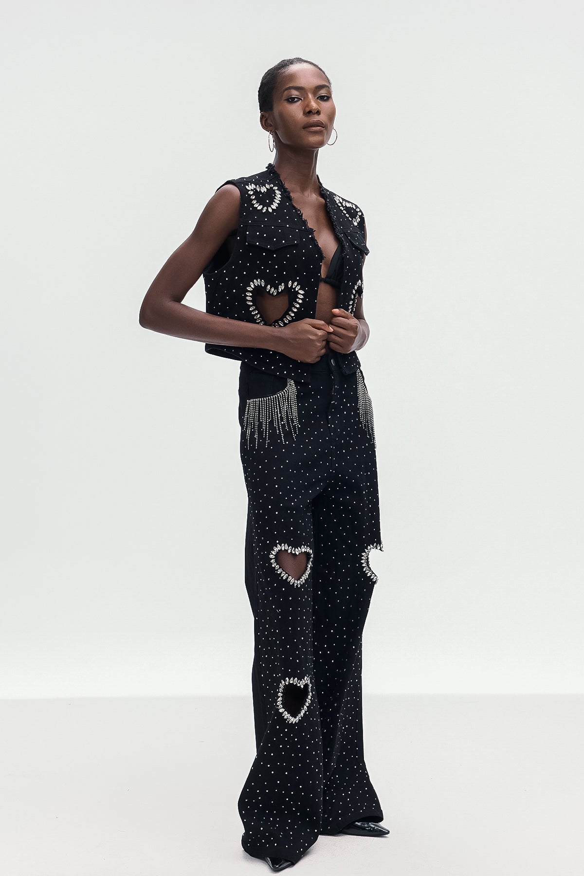 Beat Rhinestone Cutout Love Denim Pants Set