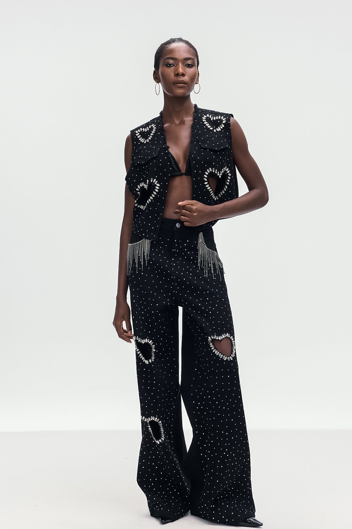 Stylish beautiful dress | Beat Rhinestone Cutout Love Denim Pants Set - Ideal for special occasions