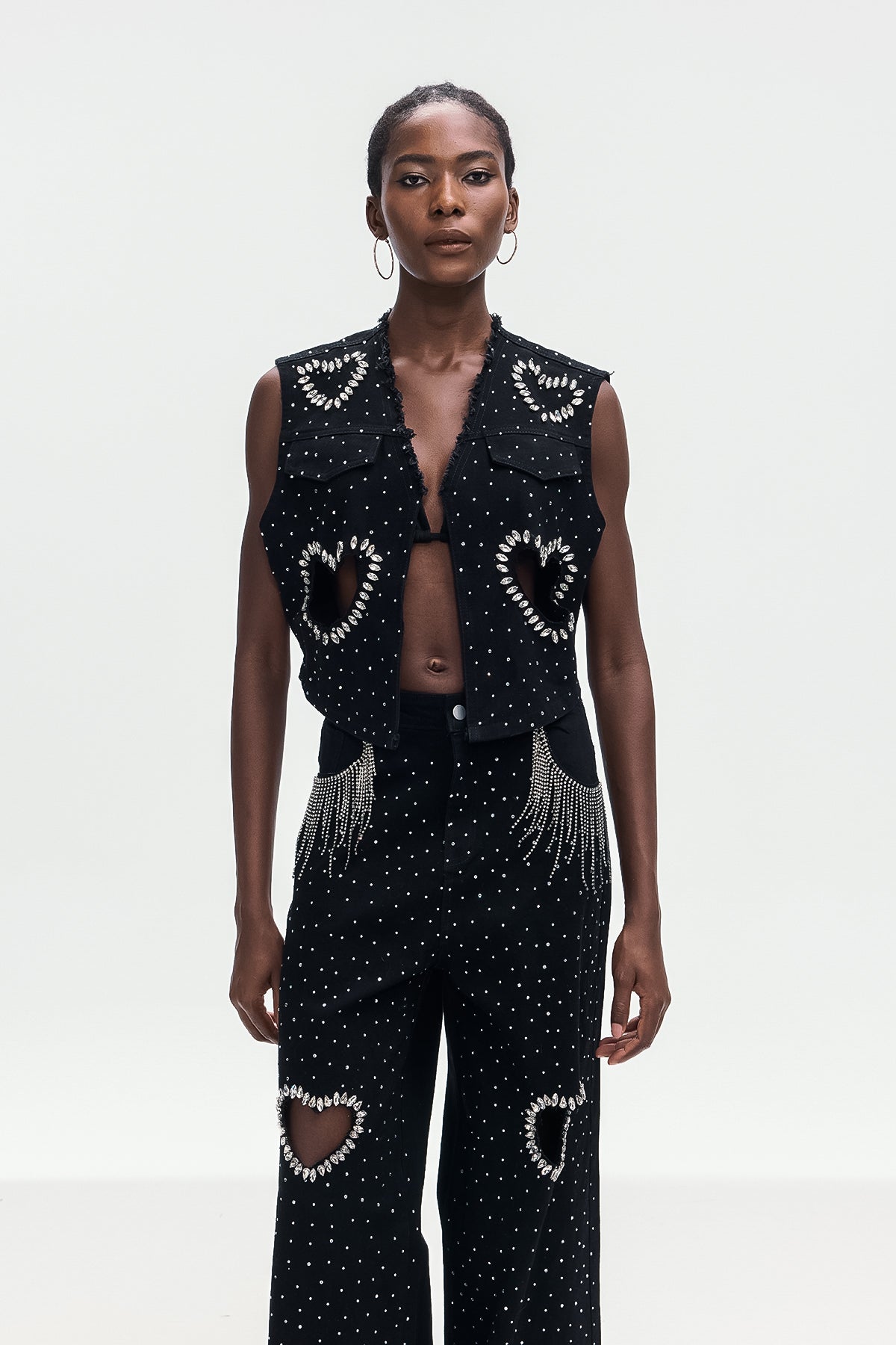 Shop  beautiful dress - Perfect for special occasions | Beat Rhinestone Cutout Love Denim Pants Set