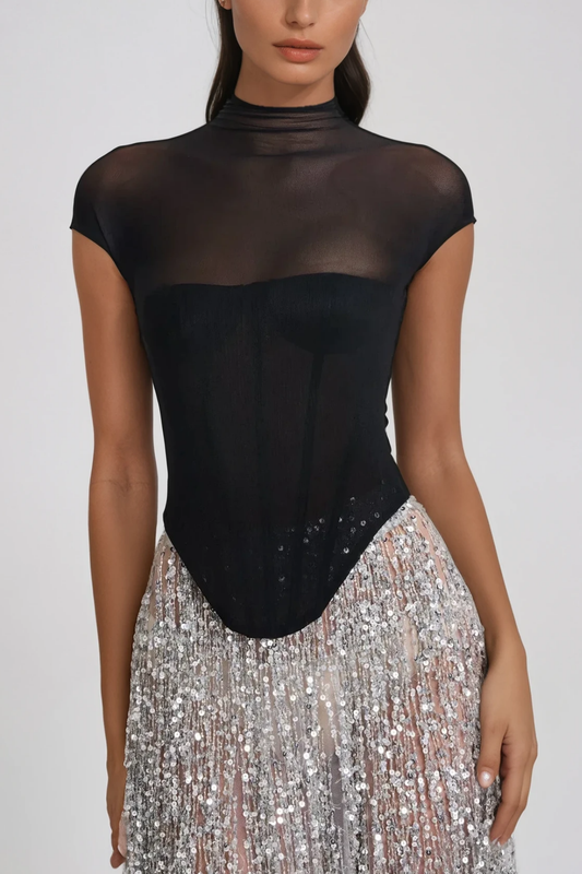 Ellalabel Beckett Fringe Sequin Mesh Skirt Set - Crafted from Shimmering Hand-stitched Sequins - Designed for Elegant Occasions.
