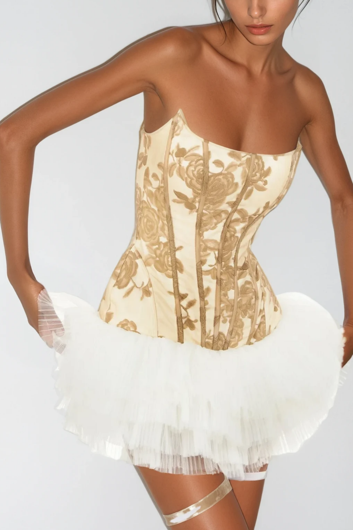 Shop  yellow dress - Perfect for special occasions | Beda Strapless Floral Mesh Ruch Mini Dress In Yellow