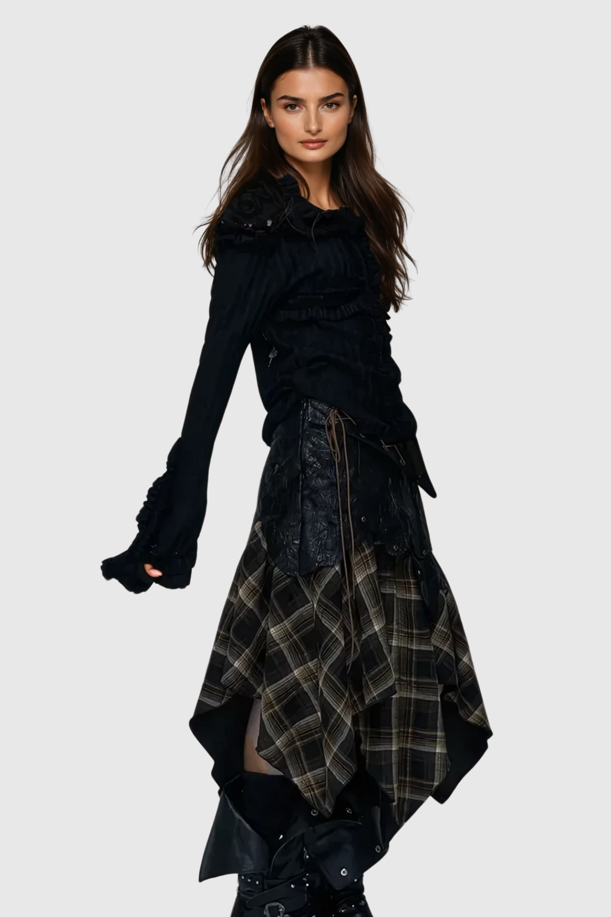 Stylish beautiful dress | Beena Grid Asymmetric Buckle Lace Up Skirt - Ideal for special occasions