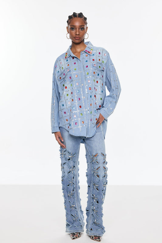 Ellalabel Belisario Rhinestone Grid Denim Shirt - Crafted from High-quality Fabrication - Designed for Elegant Occasions.