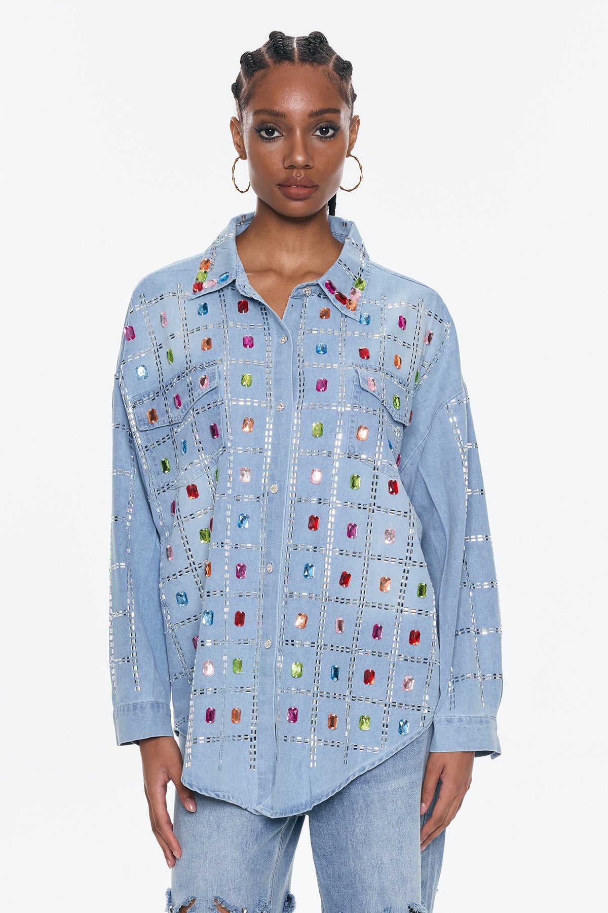 Shop  beautiful dress - Perfect for special occasions | Belisario Rhinestone Grid Denim Shirt