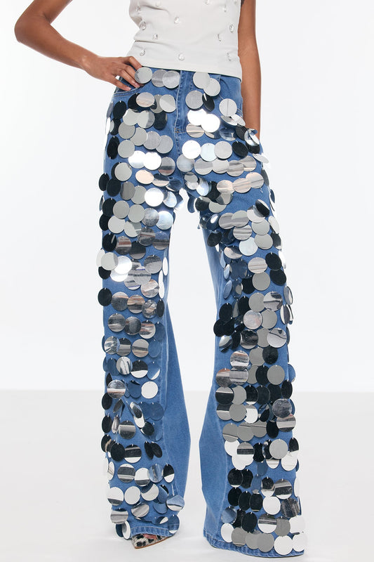 Ellalabel Bell Sequin Embellished Jeans - Crafted from Shimmering Hand-stitched Sequins - Designed for Elegant Occasions.