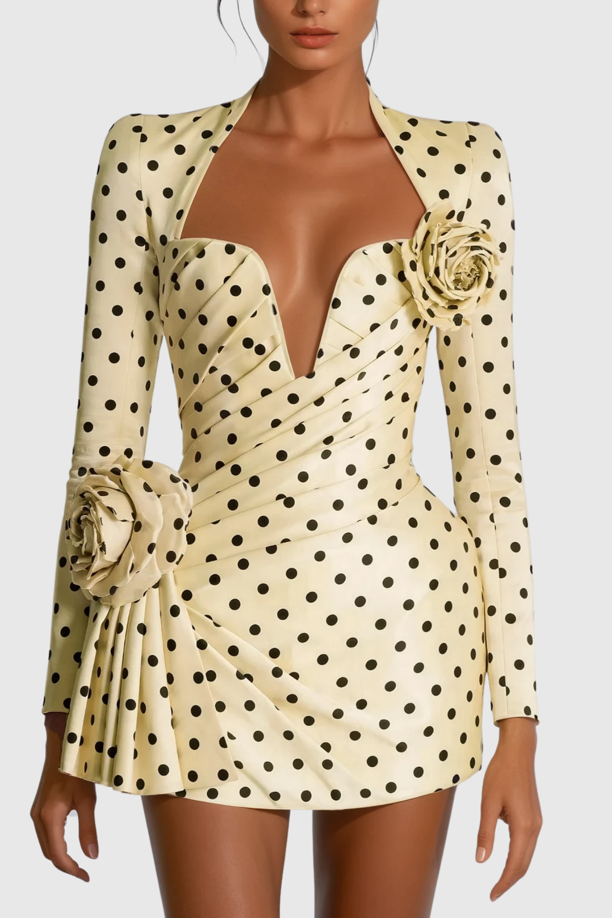 Biaggio Dot Flower Ruch Mini Dress In Yellow - Stylish yellow dress for special occasions | Buy Online