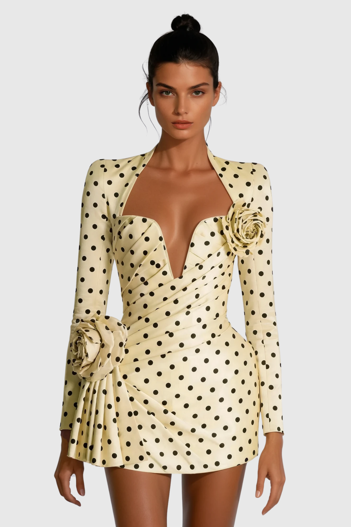 Stylish yellow dress | Biaggio Dot Flower Ruch Mini Dress In Yellow - Ideal for special occasions