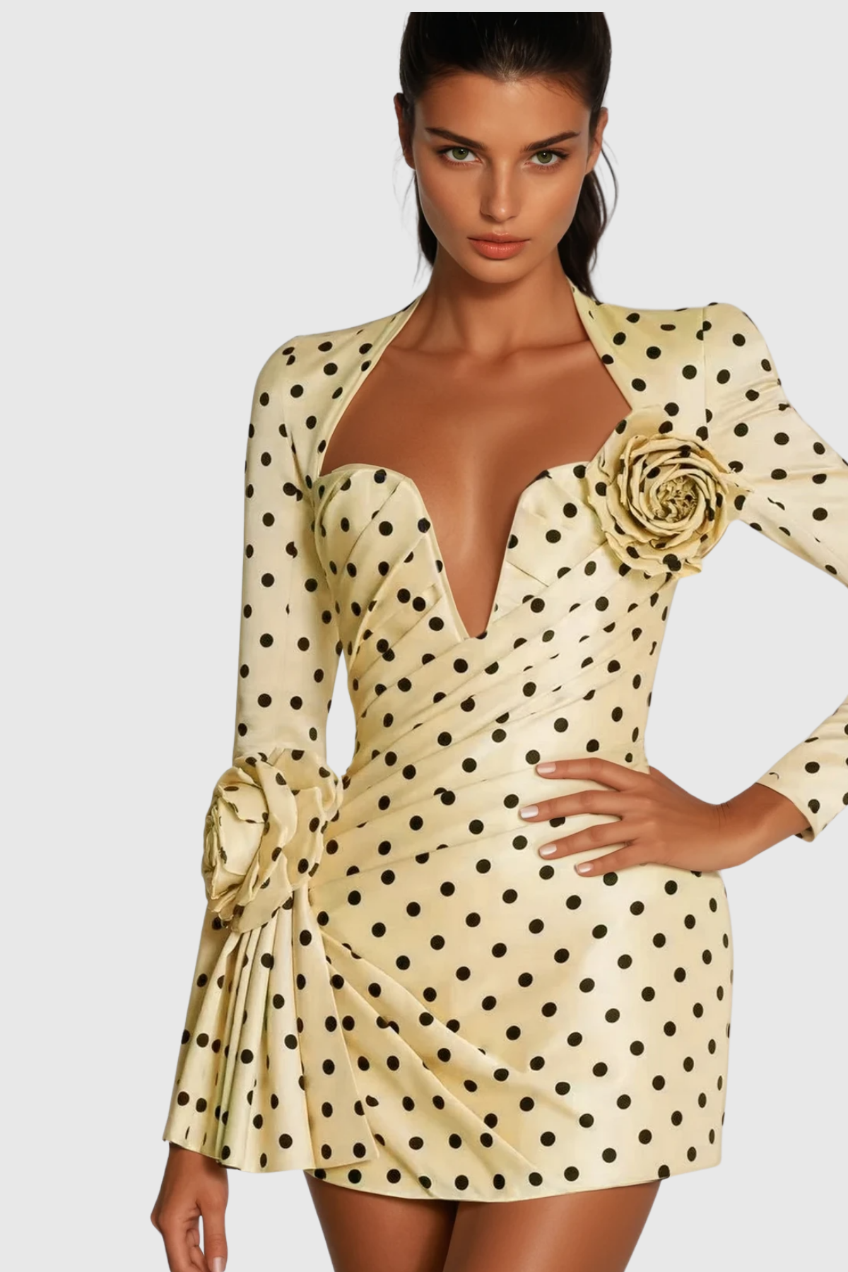 Stylish yellow dress | Biaggio Dot Flower Ruch Mini Dress In Yellow - Ideal for special occasions