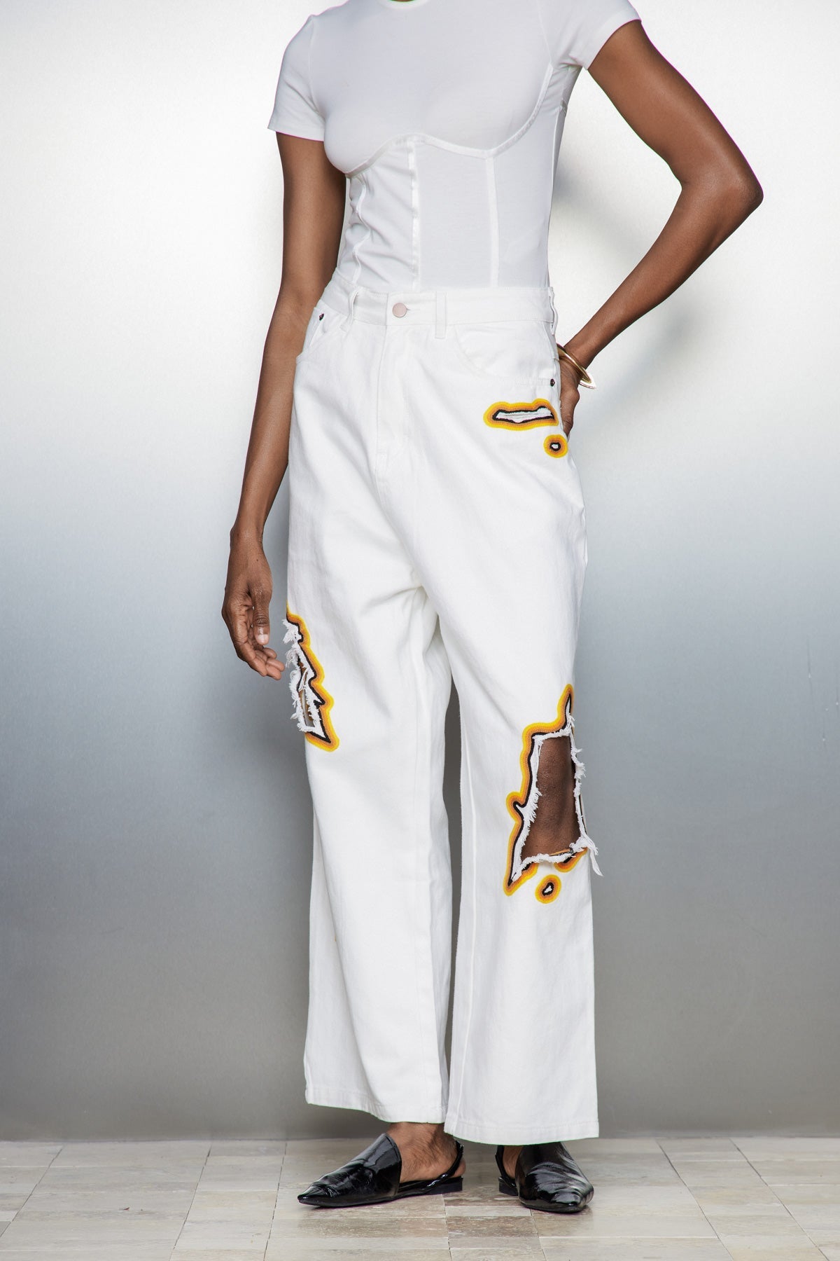 Billie Cutout Embroidered Jeans In White - Stylish red dress for special occasions | Buy Online