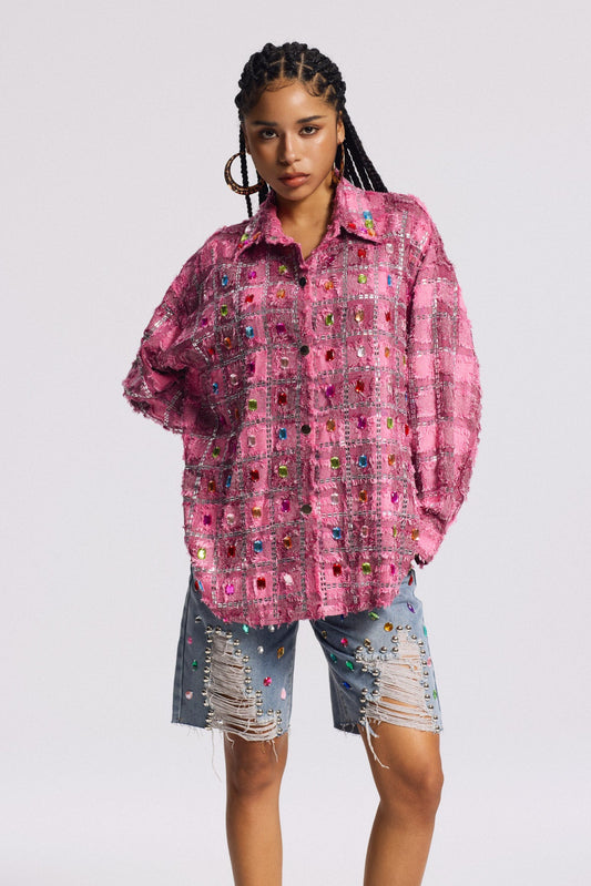 Ellalabel Bine Crystal Plaid Shirt - Crafted from High-quality Fabrication - Designed for Elegant Occasions.