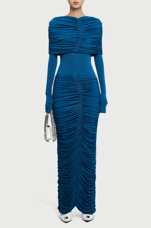 Ellalabel irma navy pleated Form-fitting maxi dress with asymmetrical draped shoulder - Crafted from High-quality Fabrication- Ideal for Wedding Guest and Formal Galas.