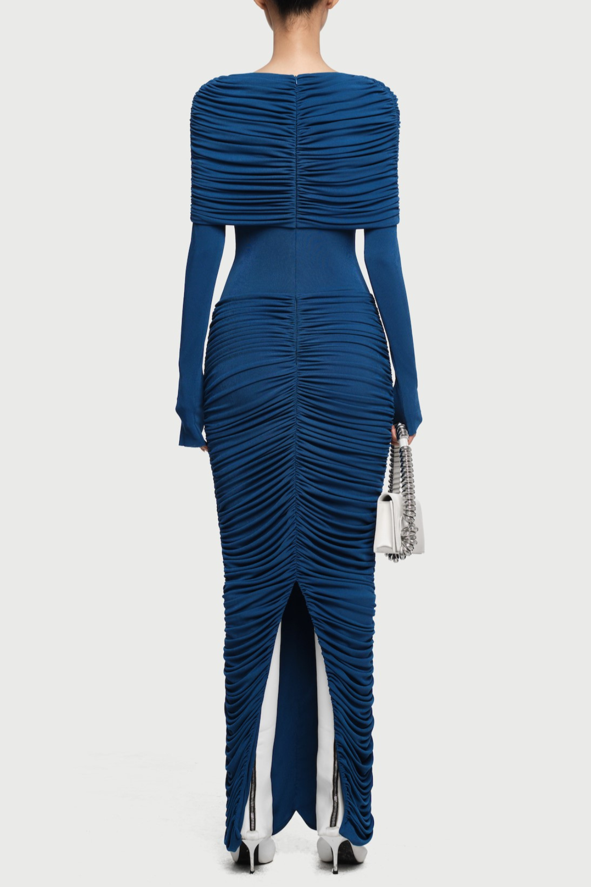 irma navy pleated Form-fitting maxi dress with asymmetrical draped shoulder