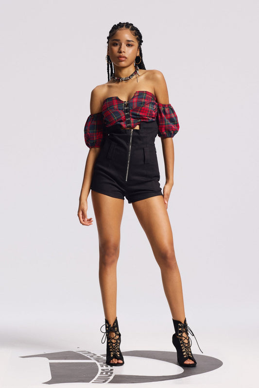 Ellalabel Biruta Off Shoulder Plaid Pants Set - Crafted from High-quality Fabrication - Designed for Elegant Occasions.