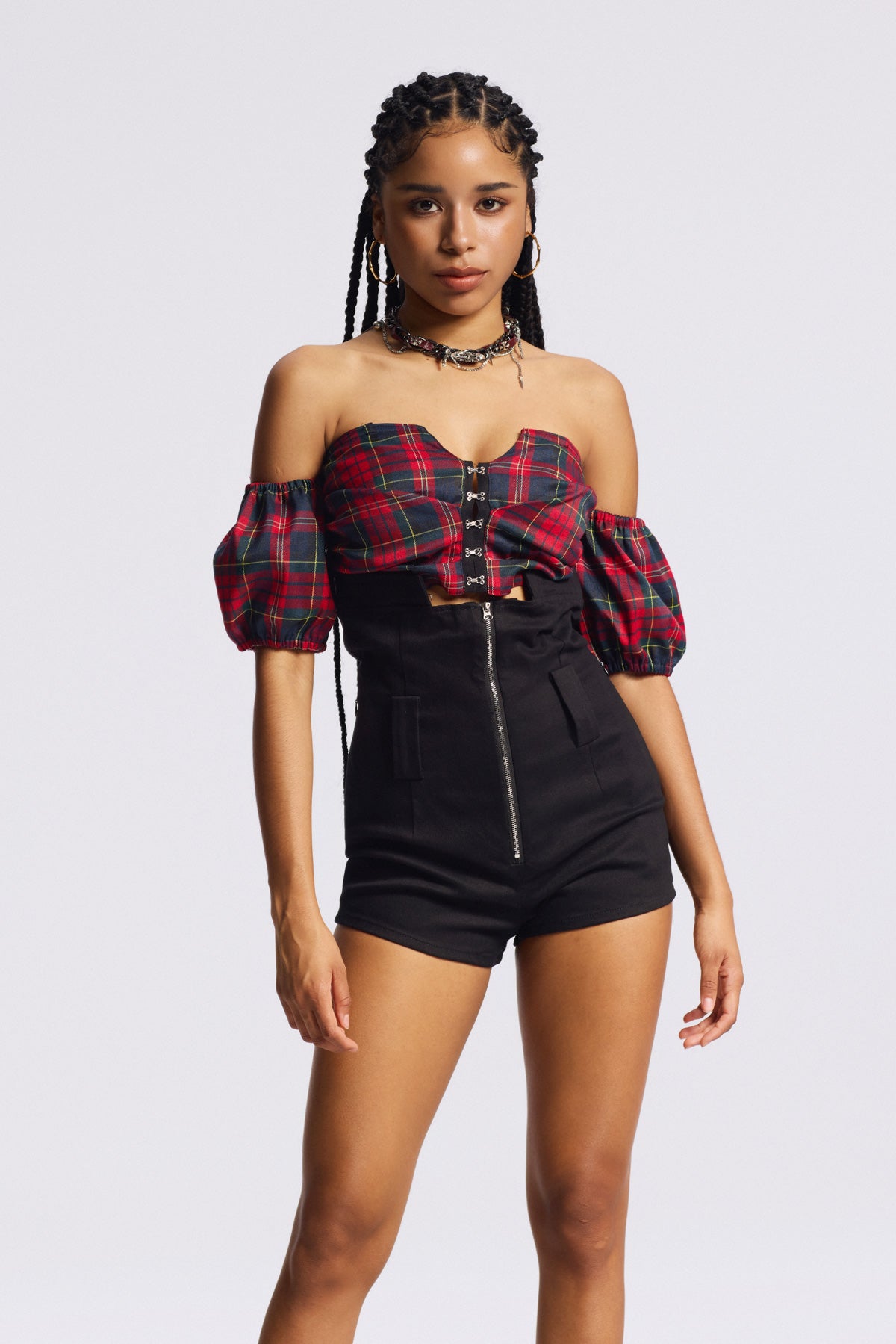 Biruta Off Shoulder Plaid Pants Set