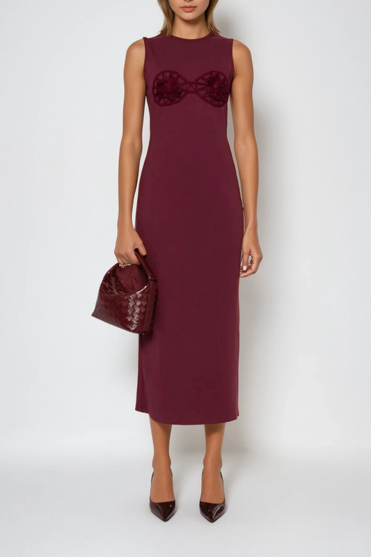 Ellalabel Bjartur Flower Sleeveless Knit Maxi Dress In Red - Crafted from Soft-touch Fine Knit- Ideal for Wedding Guest and Formal Galas.