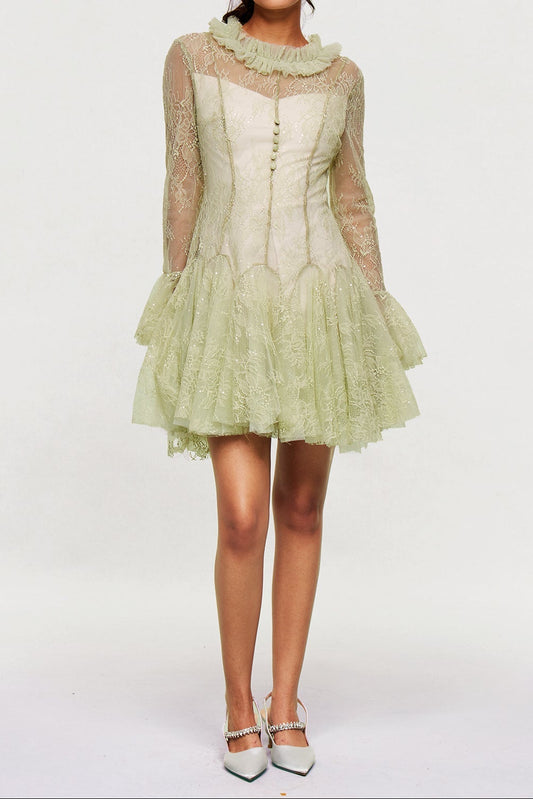 Ellalabel Blanid Lace Embroidered Ruffle Mini Dress In Green - Crafted from Intricate Lace Fabrication- Best for Cocktail Parties and Night Out.