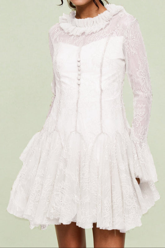 Ellalabel Blanid Lace Embroidered Ruffle Mini Dress In White - Crafted from Intricate Lace Fabrication- Best for Cocktail Parties and Night Out.