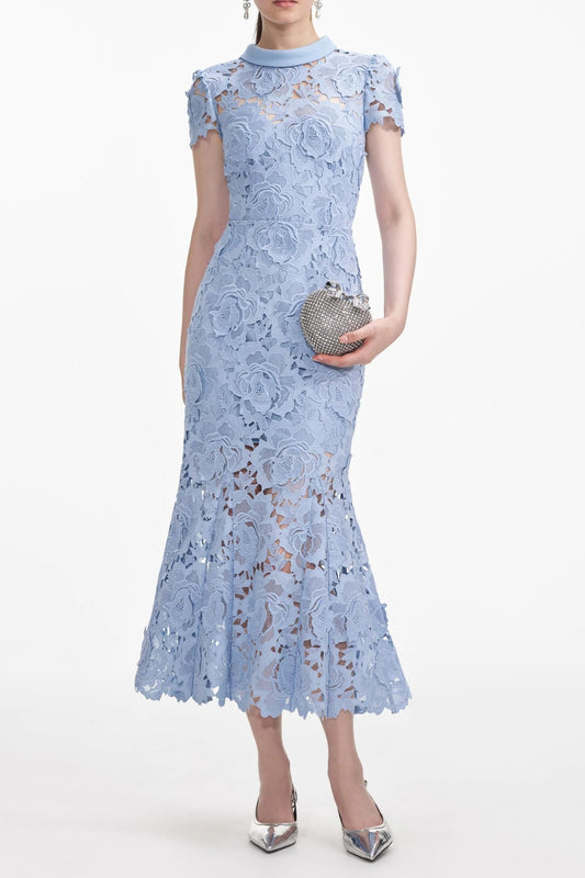 Ellalabel Blue Flower Lace Contrast Collar Midi Dress - Crafted from Intricate Lace Fabrication- Perfect for Garden Parties and Resort Wear.
