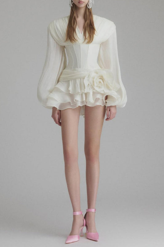 Ellalabel Blysse Floral Applique Pleat Corset Mini Dress in WHITE - Crafted from High-quality Fabrication- Best for Cocktail Parties and Night Out.