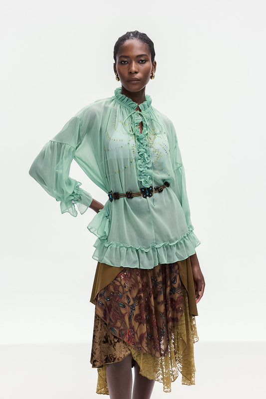 Ellalabel Bonifaz Drawstring Ruffle Shirt In Green - Crafted from High-quality Fabrication - Designed for Elegant Occasions.