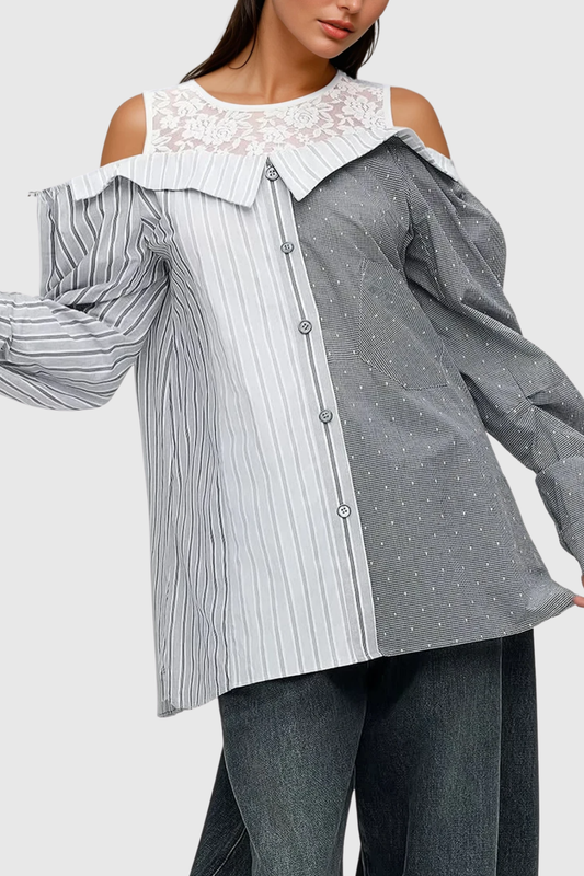 Ellalabel Boyko Lace Stripe Shirt - Crafted from Intricate Lace Fabrication - Designed for Elegant Occasions.