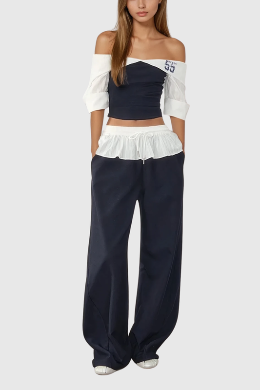 Ellalabel Brajan Off Shoulder Ruffle Pants Set - Crafted from High-quality Fabrication - Designed for Elegant Occasions.