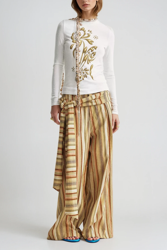 Ellalabel Brando Stripe Lace Up Pants - Crafted from Intricate Lace Fabrication - Designed for Elegant Occasions.