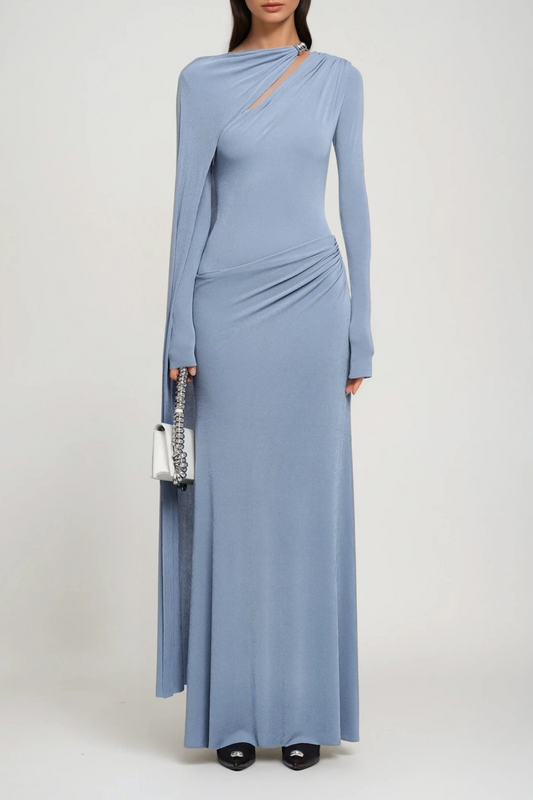 Ellalabel Brandt Cutout Shawl Maxi Dress In Blue - Crafted from High-quality Fabrication- Ideal for Wedding Guest and Formal Galas.