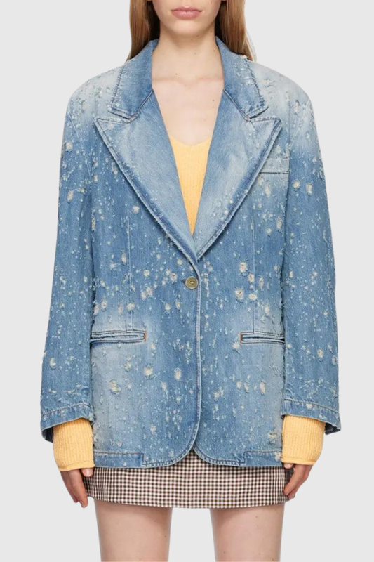 Ellalabel Brenna Torn Lapel Denim Jacket - Crafted from High-quality Fabrication - Designed for Elegant Occasions.