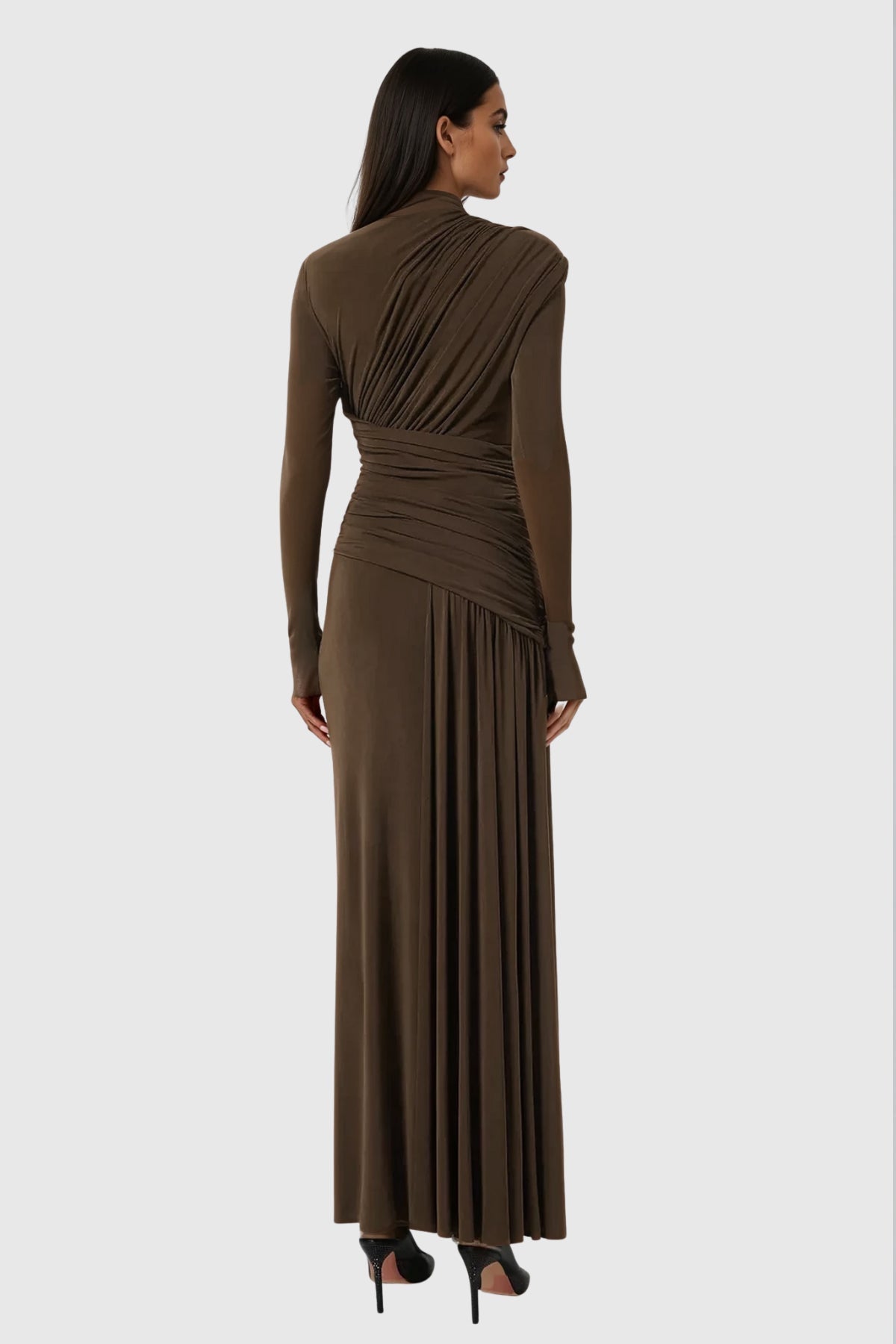 Cabdirashiid Ruch Asymmetric Maxi Dress In Brown - Stylish brown dress for special occasions | Buy Online