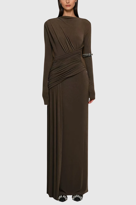Ellalabel Cabdirashiid Ruch Asymmetric Maxi Dress In Brown - Crafted from High-quality Fabrication- Ideal for Wedding Guest and Formal Galas.