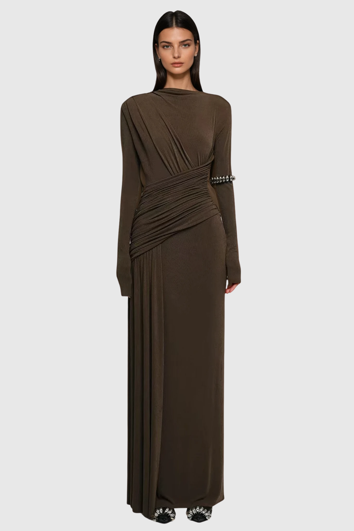 Cabdirashiid Ruch Asymmetric Maxi Dress In Brown - Stylish brown dress for special occasions | Buy Online