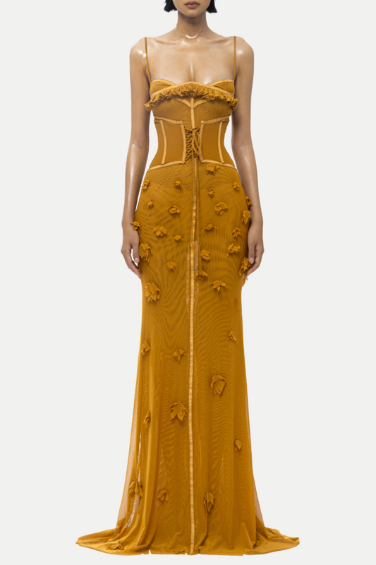 Ellalabel Arthur Floral Corset Mesh Maxi Dress - Crafted from High-quality Fabrication- Ideal for Wedding Guest and Formal Galas.