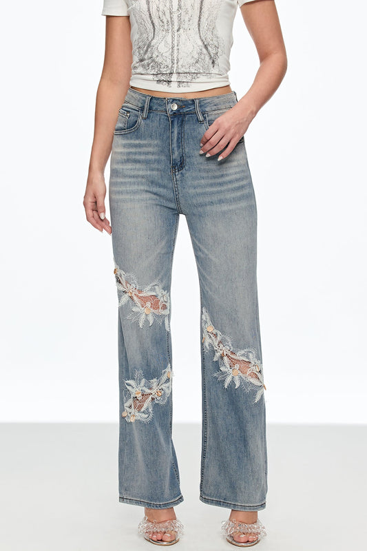 Ellalabel Caelinus Embroidered Flower Cutout Jeans - Crafted from High-quality Fabrication - Designed for Elegant Occasions.