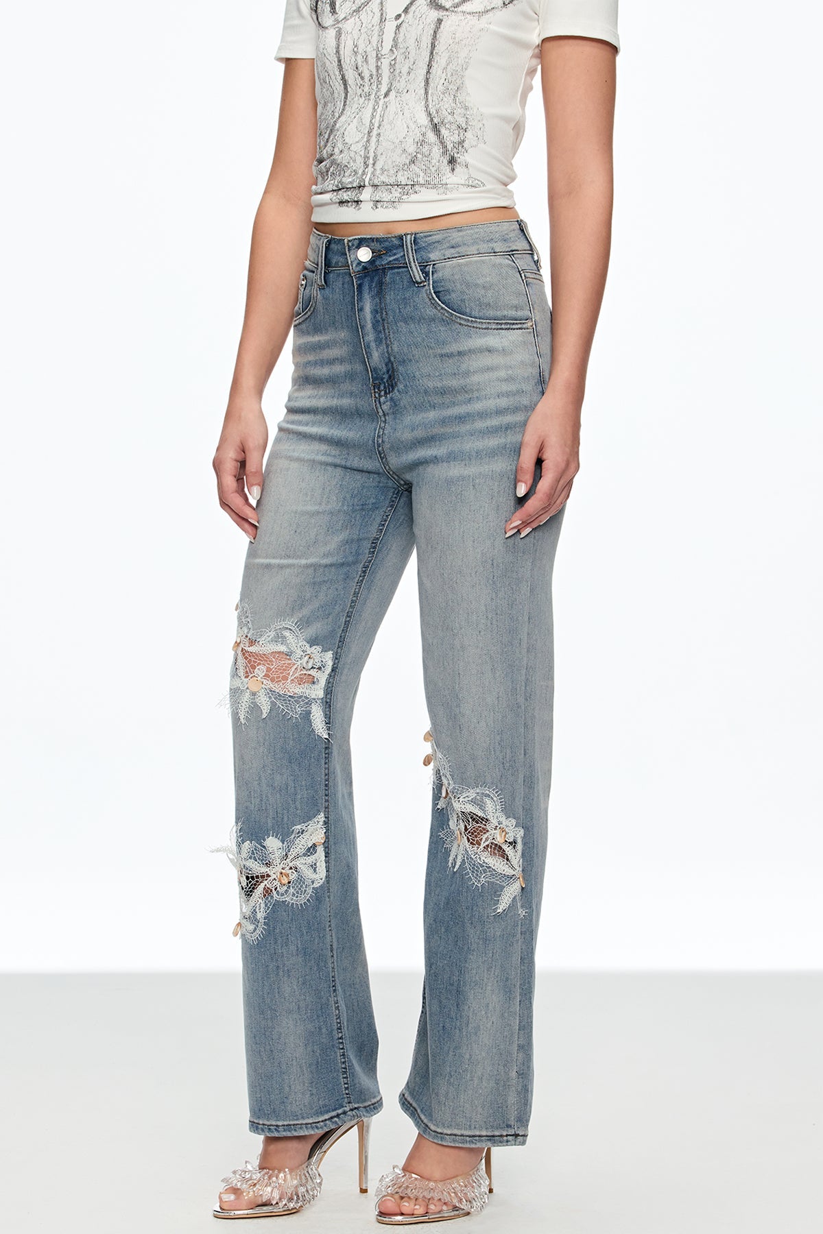 Caelinus Embroidered Flower Cutout Jeans