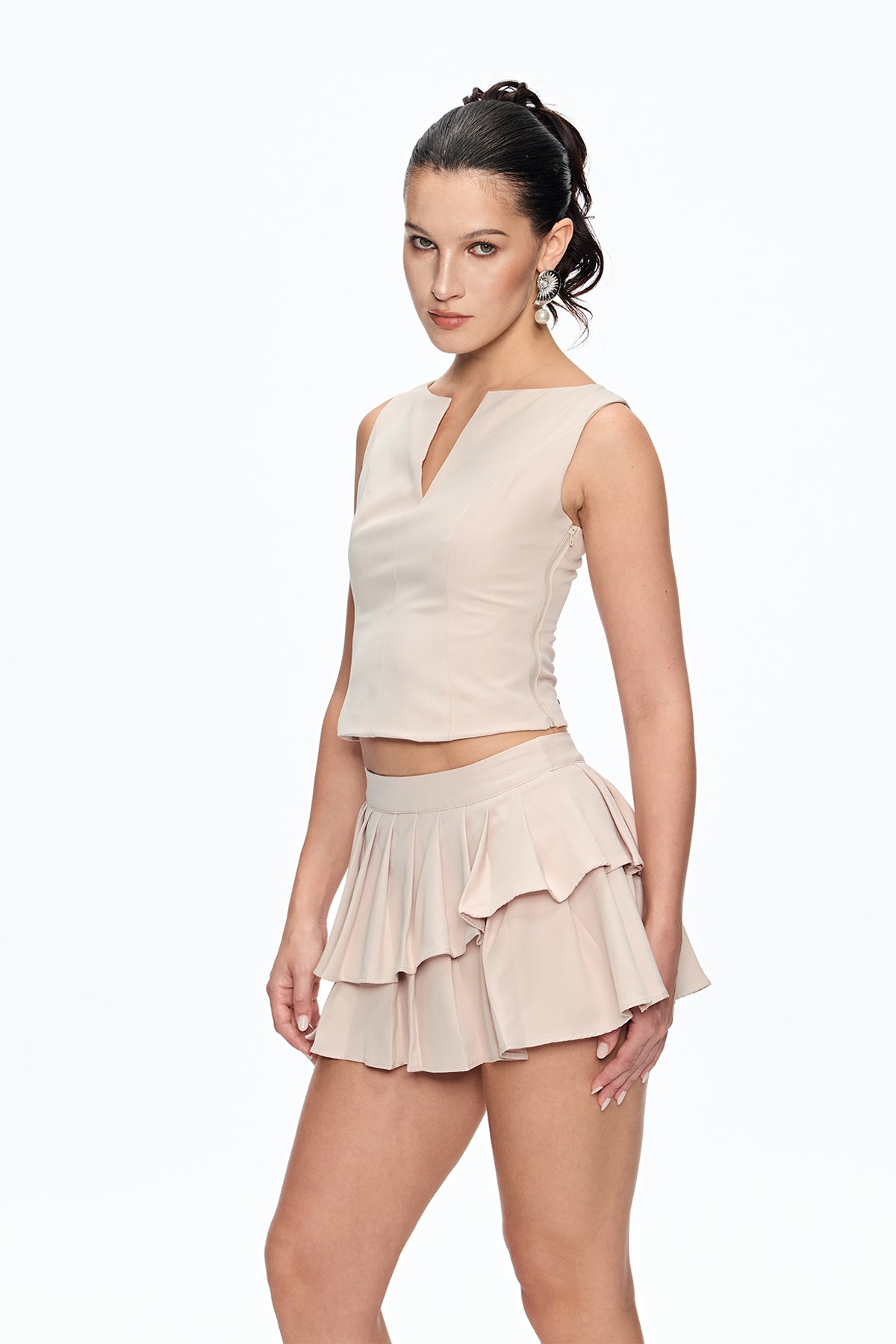 elvira Sleeveless Ruffle Skirt Set in beige - Stylish beige dress for special occasions | Buy Online