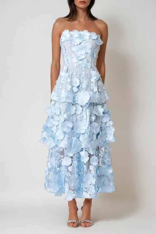 Ellalabel Camelia Strapless Embroidered Flower Maxi Dress In Blue - Crafted from High-quality Fabrication- Ideal for Wedding Guest and Formal Galas.