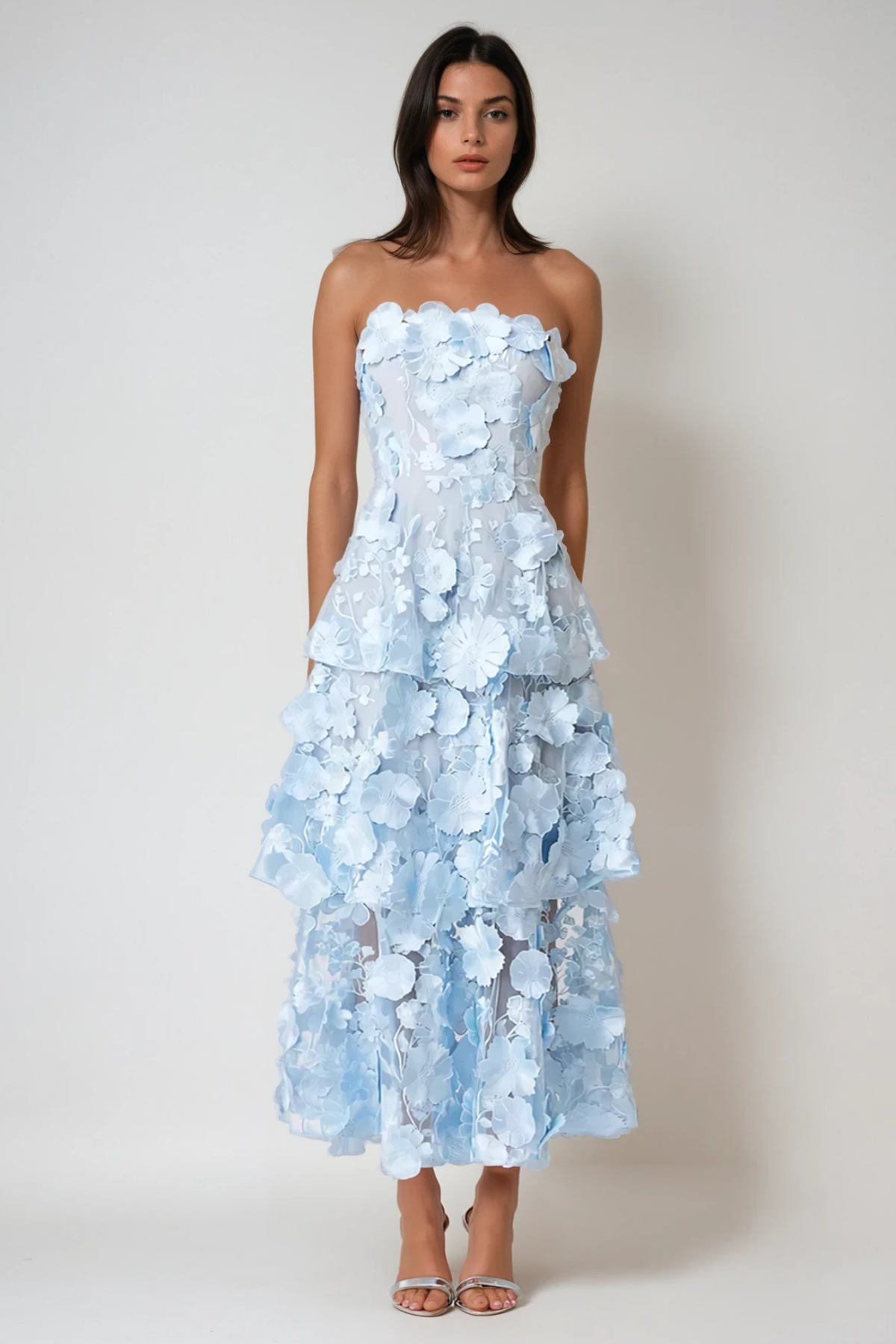 Camelia Strapless Embroidered Flower Maxi Dress In Blue - Stylish red dress for special occasions | Buy Online