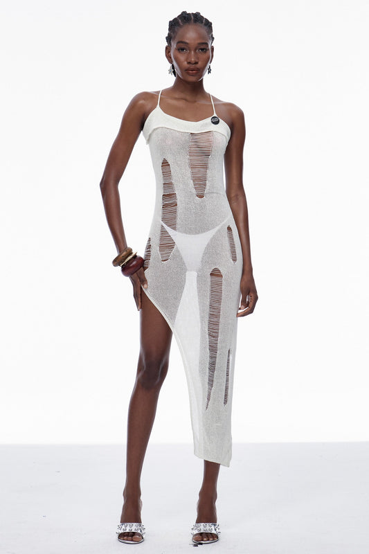 Ellalabel Capri Spaghetti Cutout Knit Maxi Dress In Apricot - Crafted from Soft-touch Fine Knit- Ideal for Wedding Guest and Formal Galas.