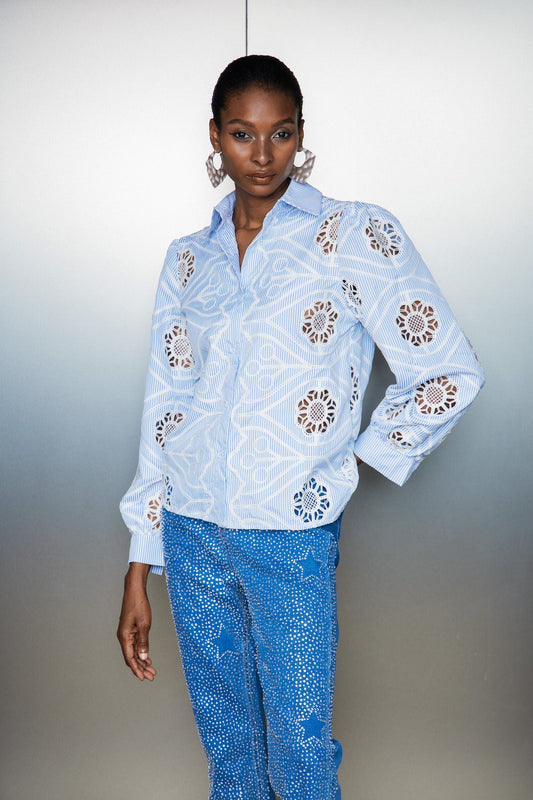 Ellalabel Catell Cutout Stripe Embroidered Shirt - Crafted from High-quality Fabrication - Designed for Elegant Occasions.