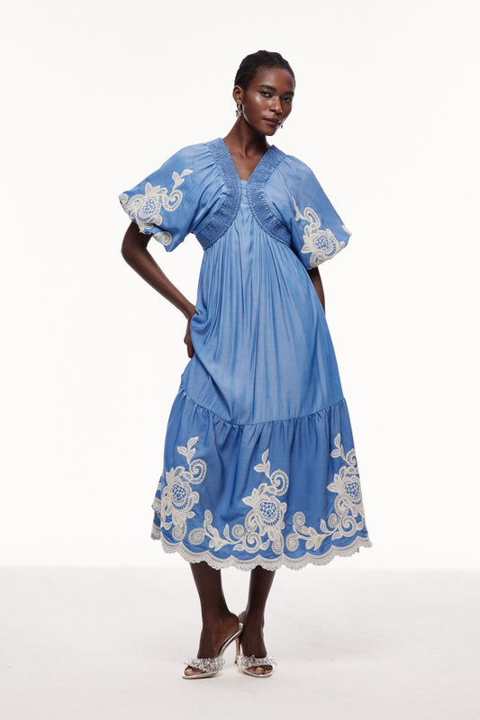 Ellalabel Cemre Embroidered Plunge Maxi Dress - Crafted from High-quality Fabrication- Ideal for Wedding Guest and Formal Galas.