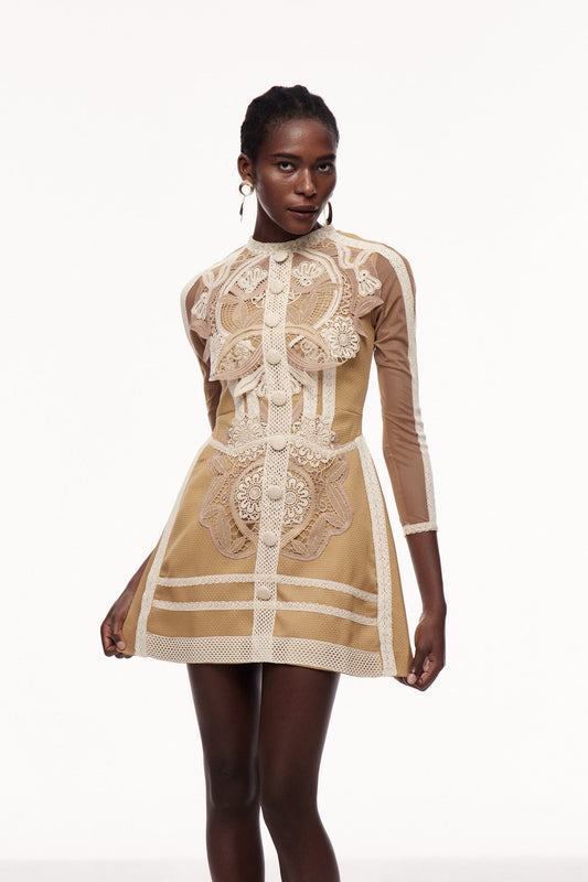 Ellalabel Cenk Lace Embroidered Long Sleeve Mini Dress - Crafted from Intricate Lace Fabrication- Best for Cocktail Parties and Night Out.