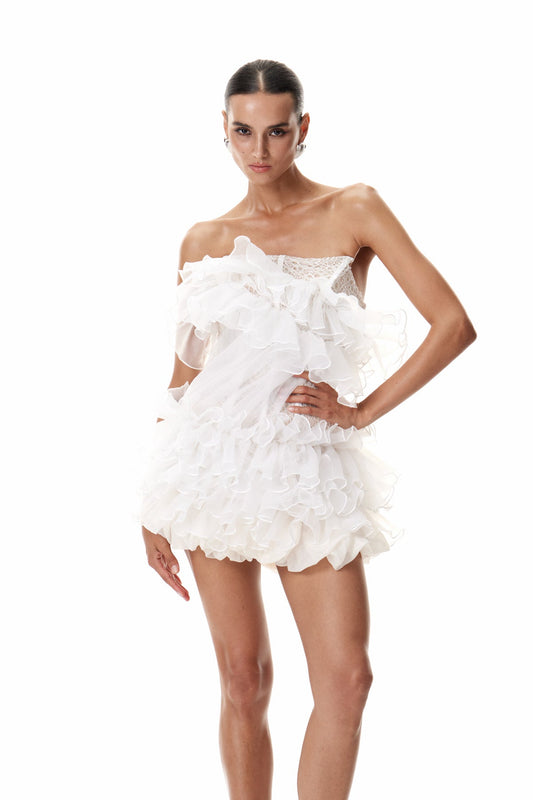 Ellalabel Cevahir Embroidered Ruffle Corset Mini Dress - Crafted from High-quality Fabrication- Best for Cocktail Parties and Night Out.