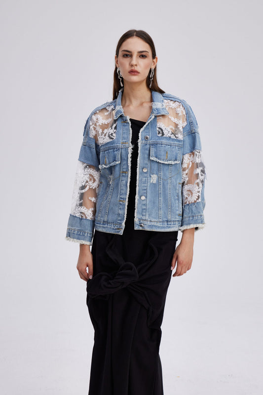 Ellalabel Chatzkel Embroidered Lace Denim Jacket - Crafted from Intricate Lace Fabrication - Designed for Elegant Occasions.
