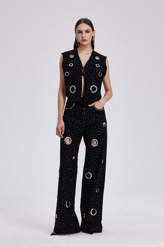 Ellalabel Chet Embellished Cutout Denim Pants Set - Crafted from High-quality Fabrication - Designed for Elegant Occasions.