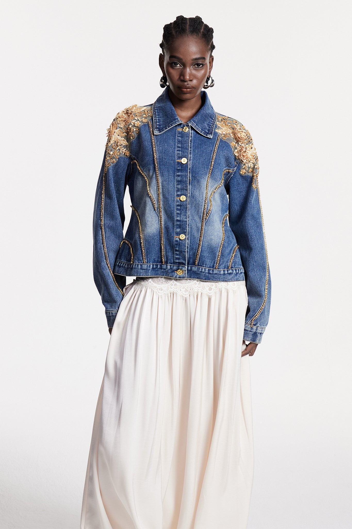 Chou Embroidered Sequin Denim Jacket - Stylish red dress for special occasions | Buy Online