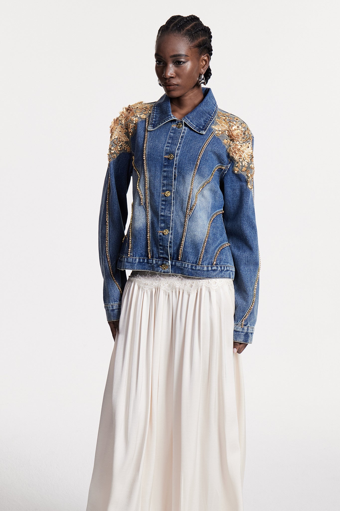 Stylish red dress | Chou Embroidered Sequin Denim Jacket - Ideal for special occasions