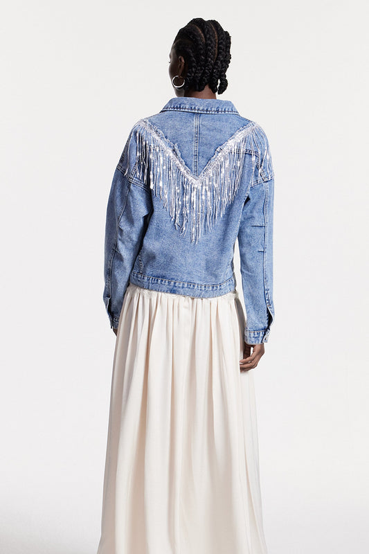 Ellalabel Chouko Sequin Fringe Denim Jacket - Crafted from Shimmering Hand-stitched Sequins - Designed for Elegant Occasions.