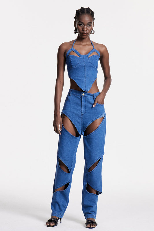 Ellalabel Chreste Cutout Corset Denim Pants Set - Crafted from High-quality Fabrication - Designed for Elegant Occasions.
